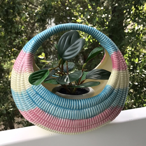 Vintage ceramic pastel stripes rainbow planter basket with candle